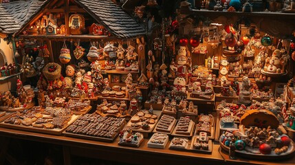 Fototapeta premium A Christmas market stall with traditional wooden ornaments, gingerbread cookies, and other festive treats.