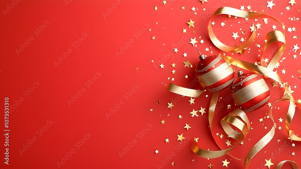 Poster elegant red background with shimmering gold stars swirling bokeh and flowing ribbons highlighted by 