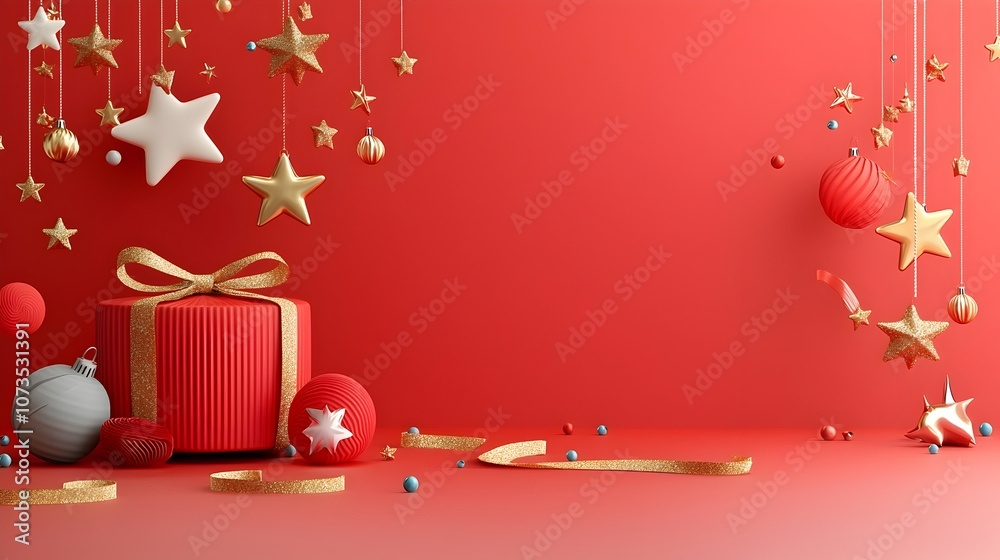 Poster a lavish red background with cascading gold stars soft focus bokeh and intricate ribbon designs perf