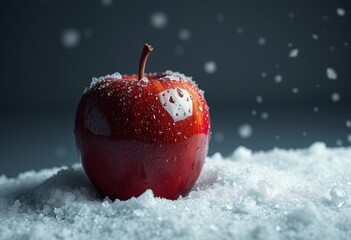 Red Apple Covered in Ice and Water Drops on Grey Background