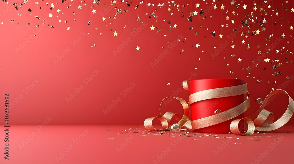 Poster Lavish red background with cascading gold stars soft focus bokeh and intricate ribbon designs suitable for high end events and