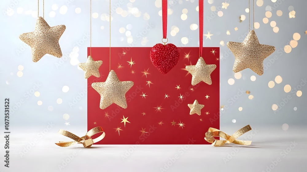 Poster Luxurious red award backdrop with floating gold stars smooth bokeh effects and stylish ribbon elements for a refined and elegant event or ceremony