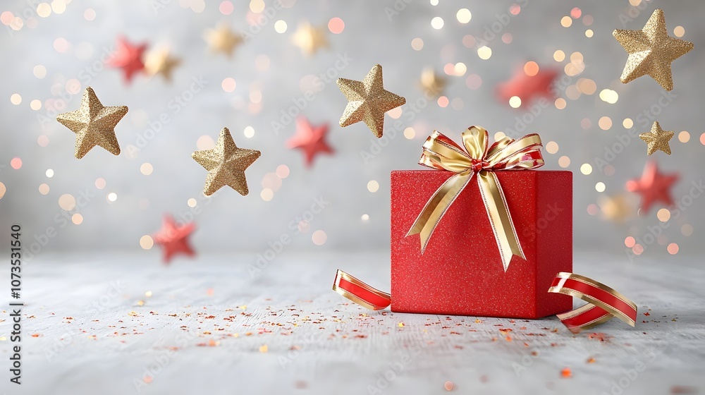 Poster Luxurious red award backdrop adorned with floating golden stars smooth bokeh effects and stylish ribbon elements for a refined and high end event or