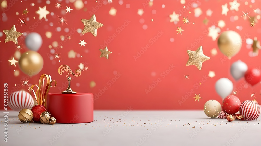 Poster Stunning red award backdrop adorned with floating golden stars smooth bokeh effects and stylish ribbon elements for a refined and elegant event or performance showcase