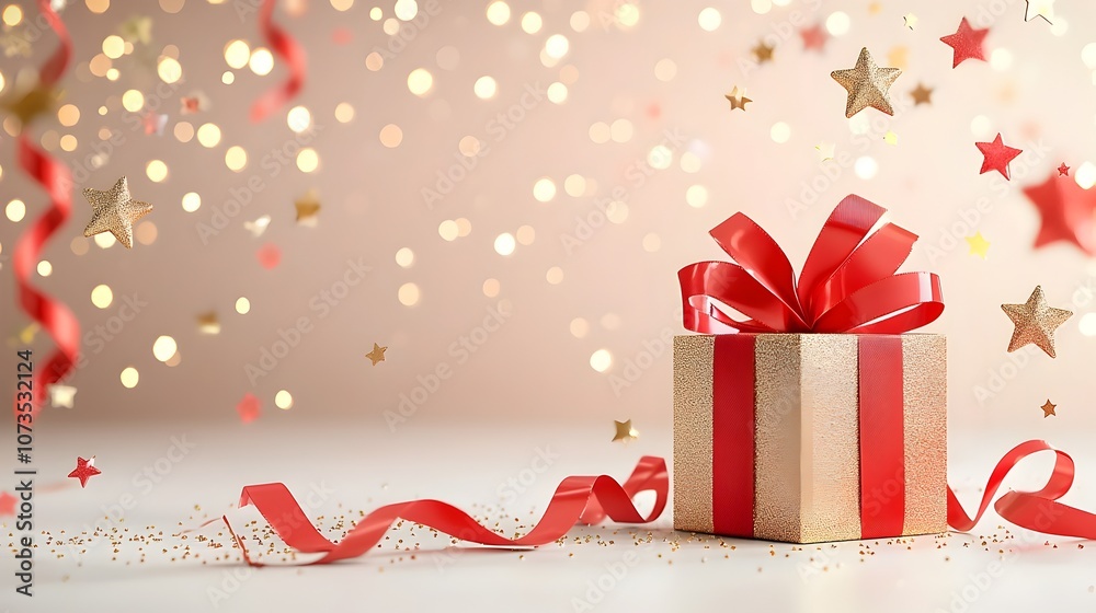 Poster an elegant red and gold backdrop with glowing stars ribbon flourishes and gentle bokeh creates a lux