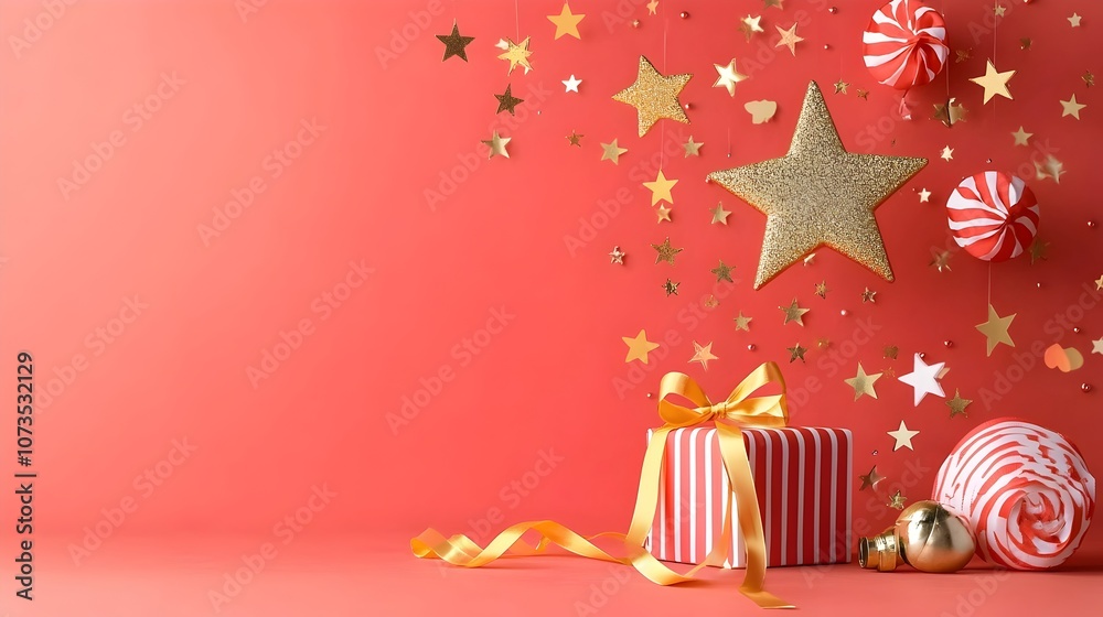 Poster luxurious red and gleaming gold award background with vibrant stars luminous light beams and flowing