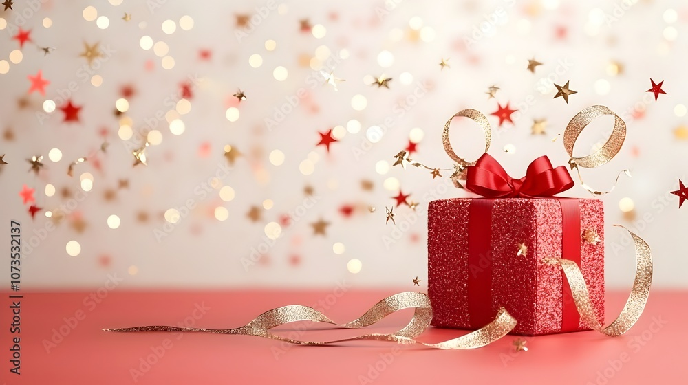 Poster luxurious red event backdrop featuring shimmering gold stars smooth light rays and intricate ribbon 