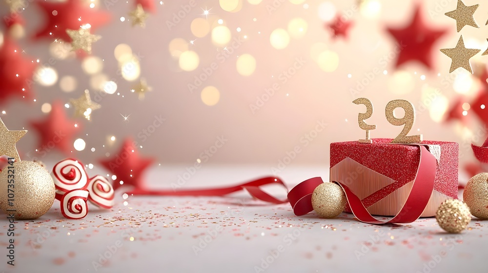 Poster elegant red and gold backdrop with glowing stars ribbon flourishes and gentle bokeh creating a luxur