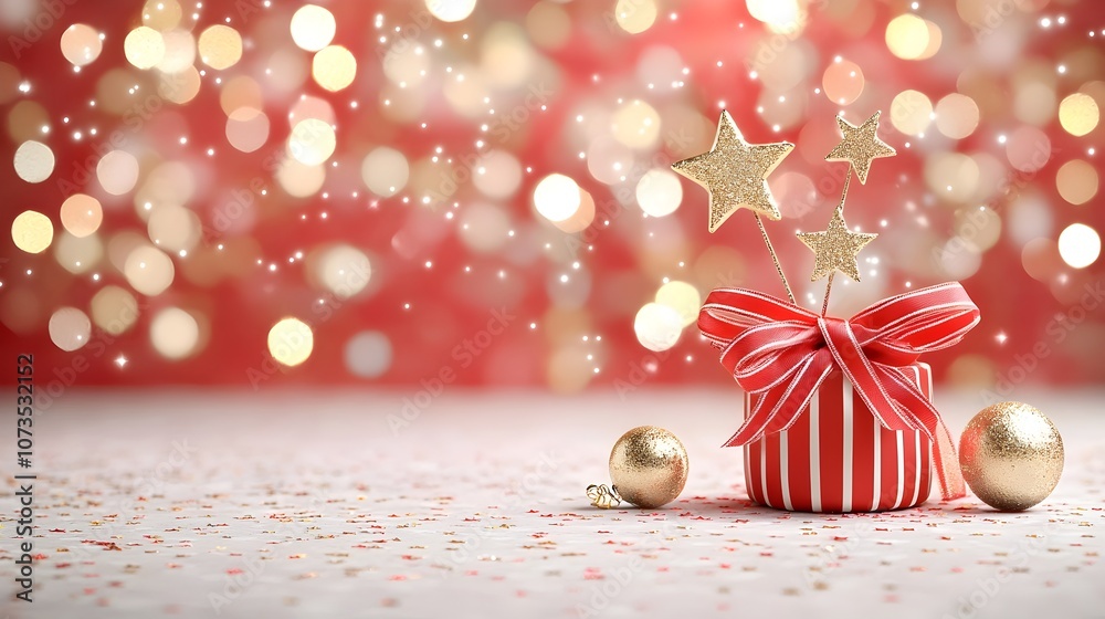 Aufkleber elegant red and gold backdrop with glowing stars ribbon flourishes and gentle bokeh creating a luxur