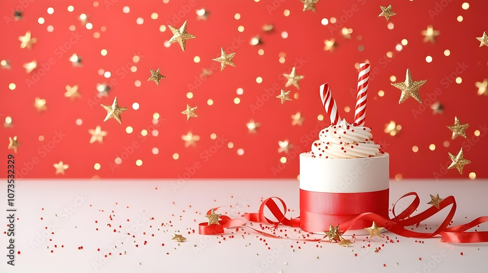Fototapete sophisticated red backdrop with golden stars soft bokeh lighting and ribbon details suited for a lux