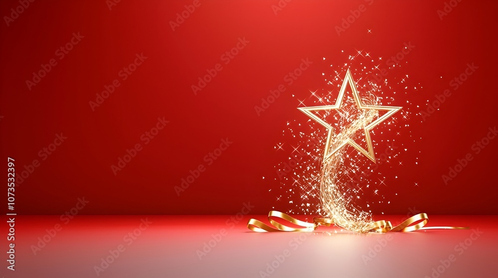 Poster radiant gold lines form a glowing star that illuminates the vibrant red stage creating an elegant an