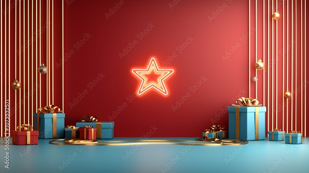 Poster luxury red stage with a glowing star in the center adorned with golden ribbons and surrounded by rad