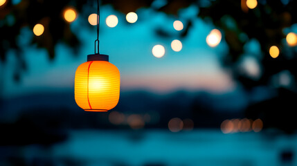Fototapeta premium A glowing lantern hanging in the twilight, surrounded by soft bokeh lights, creating a warm and inviting atmosphere for evening gatherings.