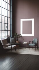 Modern Interior: Cozy seating with minimalistic design, large windows, and a blank frame for artwork - perfect for home decor inspiration.