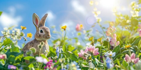 Fototapeta premium Easter Bunny Figurines in a Garden Setting. AI generative