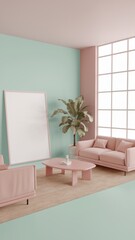 Modern Living Room: Stylish pastel furniture, green walls, and natural light for home decor...