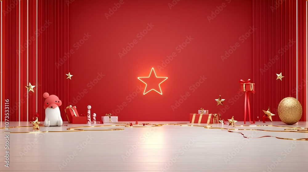 Poster glamorous red stage with a glowing radiant star and captivating lines further enhanced by the additi