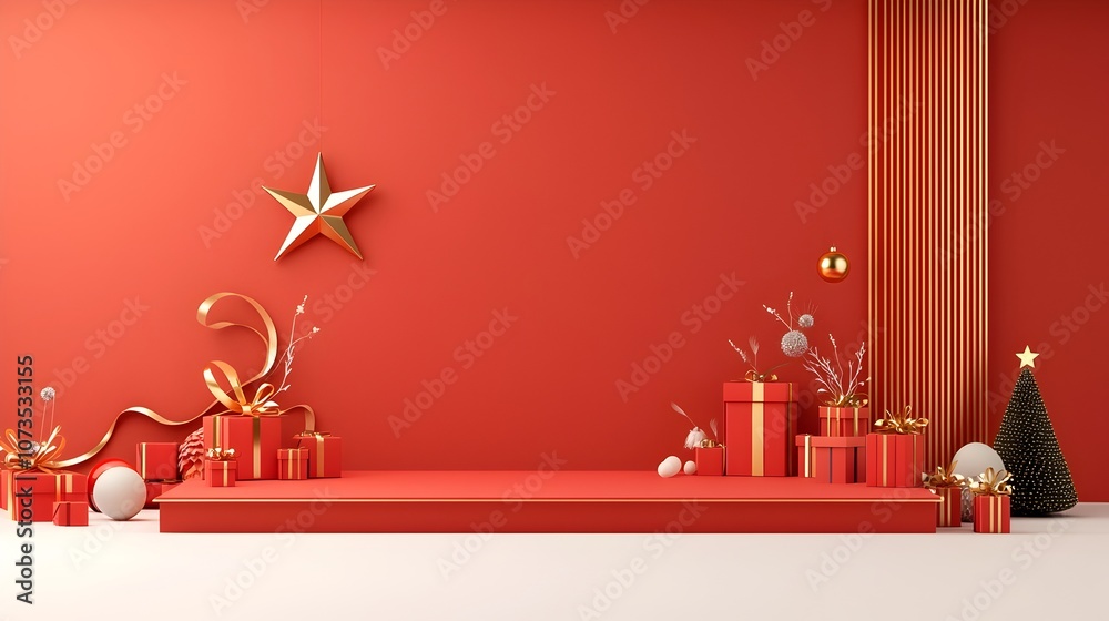 Poster magnificent red stage with a radiant star and shimmering golden ribbons creating a lavish and glamor