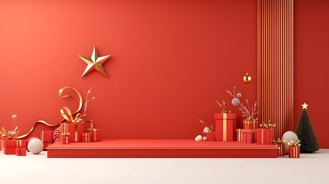 Magnificent red stage with a radiant star and shimmering golden ribbons creating a lavish and glamorous backdrop for ceremonious events and performances