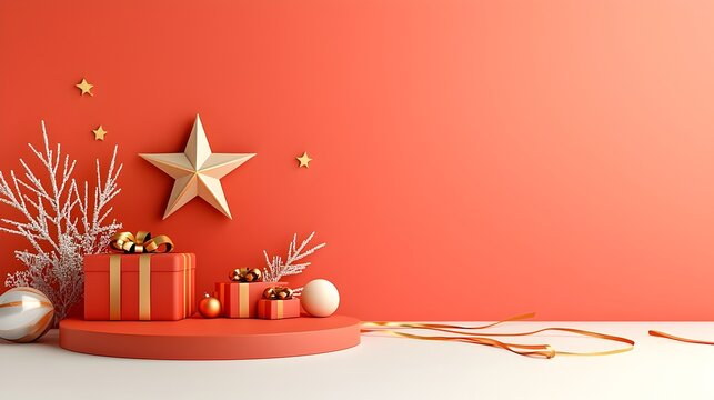 Stunning red stage with a bright star and golden ribbons creating a radiant and glamorous background for ceremonies and high end events