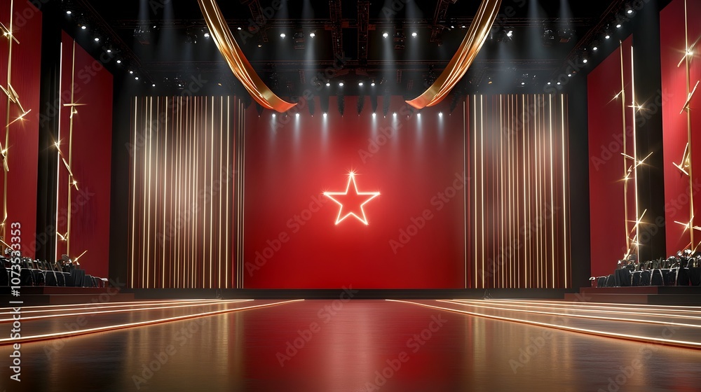 Poster radiant golden ribbons framing a luminous star over a luxurious red stage illuminated with lines of 