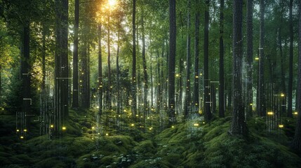 Sun rays illuminate a dense forest with glowing particles, creating an ethereal and magical atmosphere.