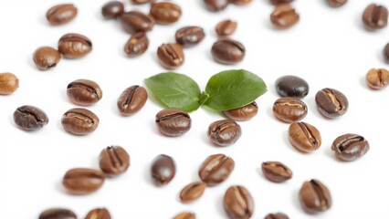 Naklejka premium Vibrant Green Coffee Bean Sprout Amidst Rich Brown Beans, Perfect for Marketing and Design