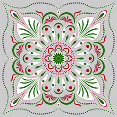 Abstract flowers square ornament. Red, green, white floral elements on gray background. Floral ornate bandana vector design. Fantasy ethnic round design element for decor textile, home, etc.