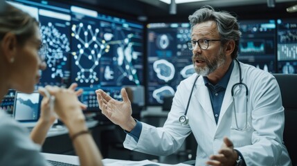 Fototapeta premium An engaged doctor passionately explains complex medical data to a patient in a modern clinic, surrounded by advanced technology, This image works well for healthcare articles, presentations