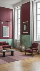 Fototapeta premium Modern Living Room Design: A stylish interior with maroon and green walls, stylish furniture, and natural decor for inspiration.