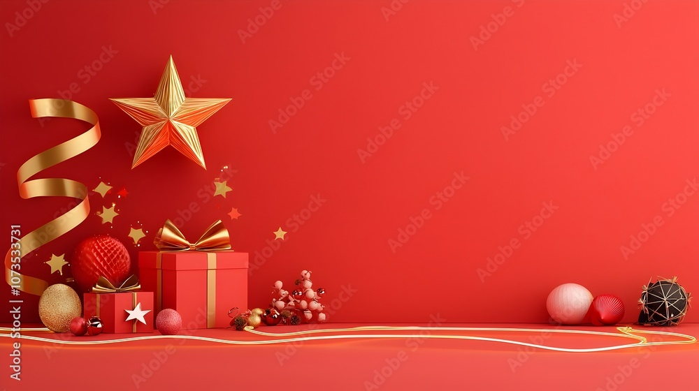 Poster luxurious red stage with gleaming golden ribbons and a radiant star shaped backdrop creating a capti