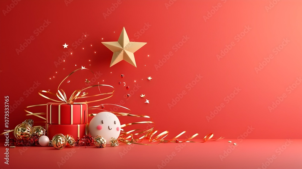 Poster radiant star shimmering above a luxuriously decorated red stage adorned with gleaming gold ribbons a