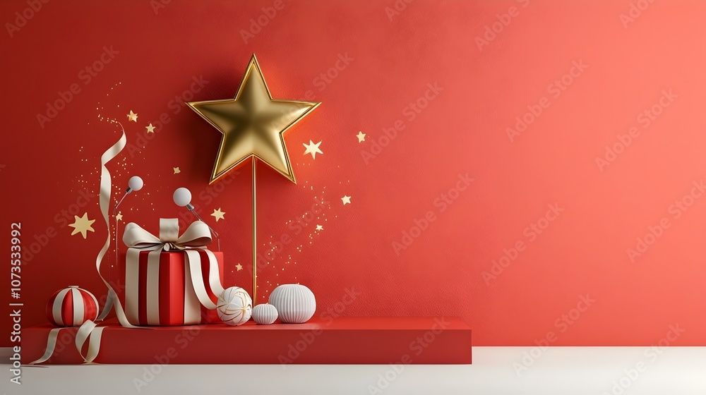 Poster radiant golden star shines above a luxurious red stage with elegant ribbon accents creating a captiv