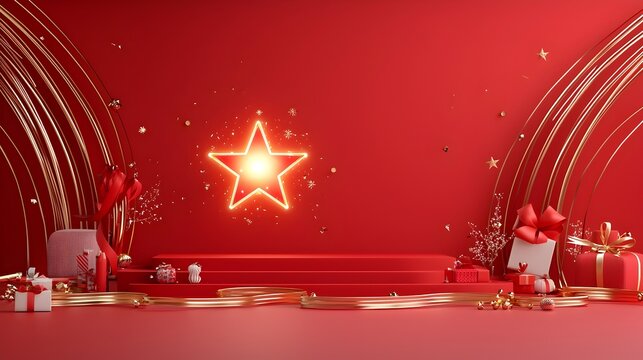 Festive red stage with a glowing star surrounded by radiant lines and gold ribbon for award themes and ceremonies  Elegant luxurious backdrop for prestigious events performances and