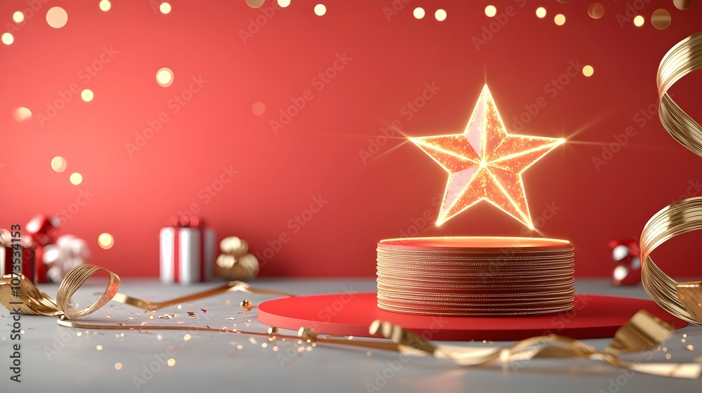Fototapete Glamorous background with a glowing star over a red stage adorned with shimmering gold ribbons and radiant light lines creating a lavish theatrical atmosphere for an enchanting event or performance