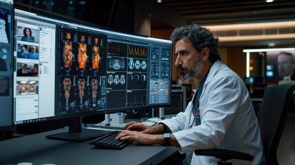 A medical professional analyzes detailed scans and data on multiple computer screens in a modern healthcare setting, showcasing technology in diagnostics
