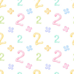 number two, colored plus signs. Watercolor seamless pattern on white background in pastel colors for textile and wrapping paper. Cute children's illustration back to school