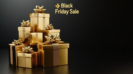 Gift Stack: A visually appealing stack of gold gradient gift boxes with "Black Friday Sale" written in elegant gold text above them on a black gradient background.