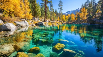 A serene mountain lake with crystal clear water, surrounded by vibrant fall foliage and rocky shores.