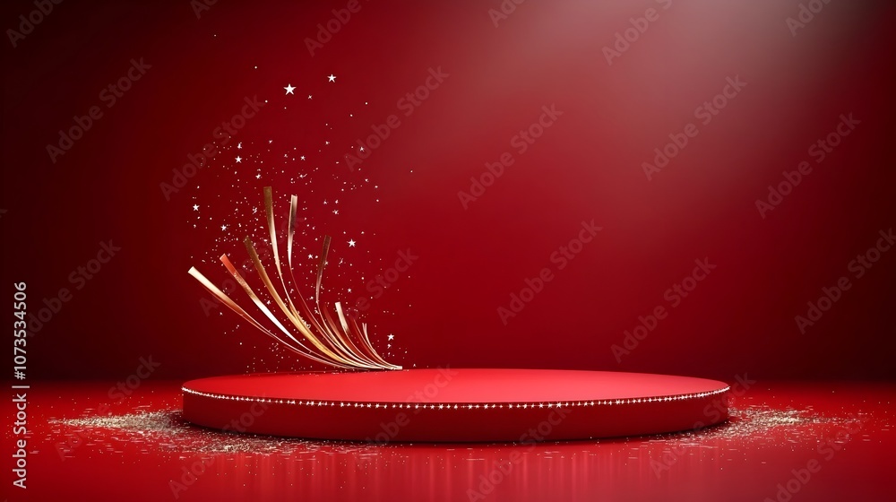 Aufkleber luxurious red stage with radiant star lines and golden ribbons designed for an elegant background th