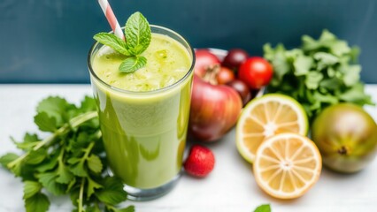 Fototapeta premium Refreshing Green Smoothie with Fresh Fruits and Vegetables - Perfect for a Healthy Breakfast or Snack