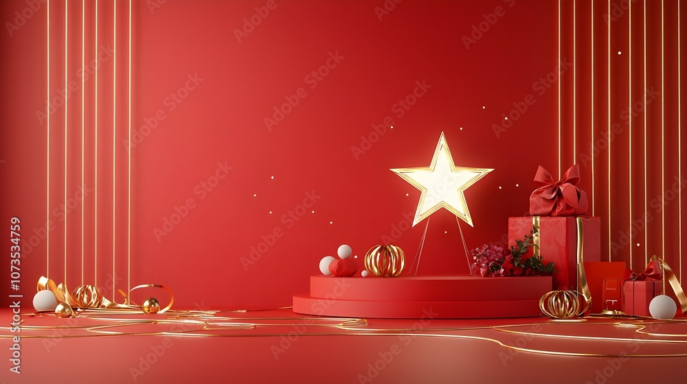 Poster luxurious radiant stage backdrop with a shimmering star and cascading golden ribbons adorned with gl