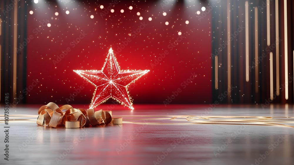 Fototapete Radiant and luxurious background featuring a shimmering star motif on a red stage accented with flowing gold ribbons and glowing lines creating an elegant and celebratory atmosphere for events