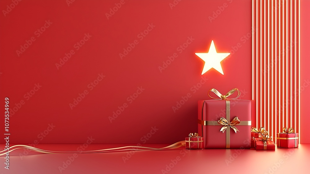 Aufkleber Elegant red stage setting with a glowing star and golden ribbon enhanced by radiant lines for a captivating and festive atmosphere  Suitable for high end backdrops