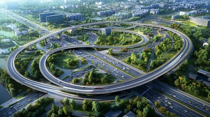 Aerial view of a complex highway interchange with green spaces and traffic.