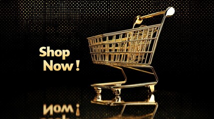 Shopping Cart Icon: A gold gradient shopping cart icon with "Shop Now!" overlaying a textured black background.