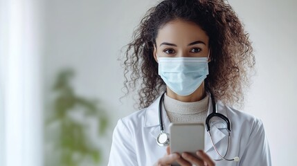 female medical professional wearing a surgical mask and white lab coat, with a stethoscope draped around her neck. She is holding and looking at a smartphone for accessing patient information.