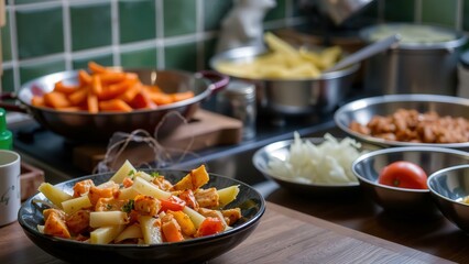 Freshly Prepared Meal with Vibrant Orange Vegetables and Assorted Ingredients on a Kitchen Counter