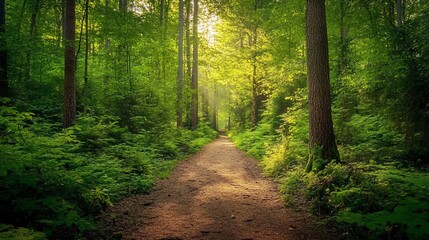 Fototapeta premium A sunlit path through a dense green forest, with dappled sunlight on the ground and trees lining the way.