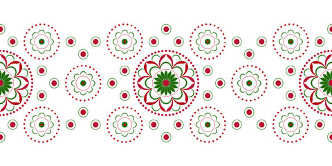 Seamless border with floral round elements. Red, green circular motifs on white background. Flowers delicate mandala vector illustration. Traditional geometry folk bright ornament for holiday decor.